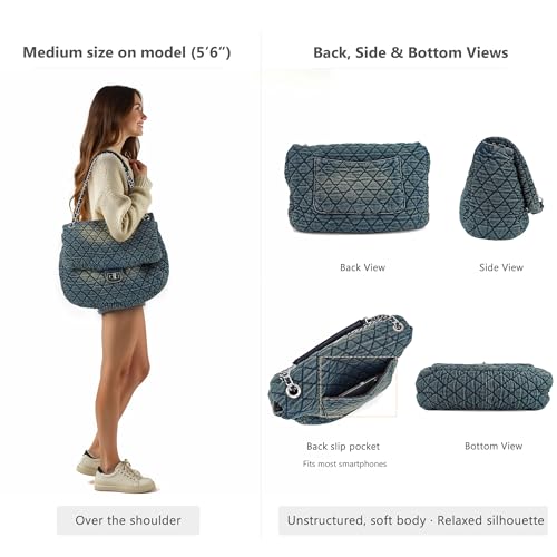 Image of M-ioi-M Quilted Denim Purse, Shoulder Bag for Women, Crossbody Flap Tote Bag,Silver Chain Hobo Bag, Vintage Washed Jean Purse