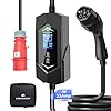 Chargeur Voiture Electrique 22kW Triphasé, Type 2 à Rouge CEE 32A, câble 7 m, 6-32 A 1-12 h réglable, écran LED, IP65, Travail -30 °C à 50 °C, IEC 62196-2. Portable pour BEV et PHEV