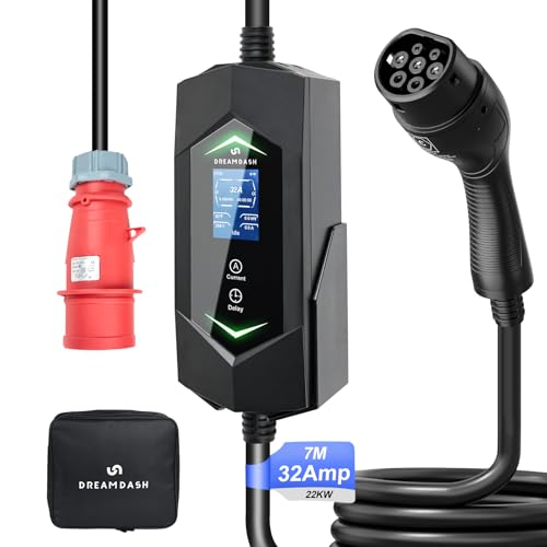 Colonnina Ricarica Auto Elettrica 22kW Trifase, Tipo 2 a CEE 32A 5 pin, Cavo 7m, Wallbox Caricatore Regolabile 6-32A 1-12 Ore, IP65, -30 ℃ a 50 ℃, Carica Batteria Portatile per BEV & PHEV