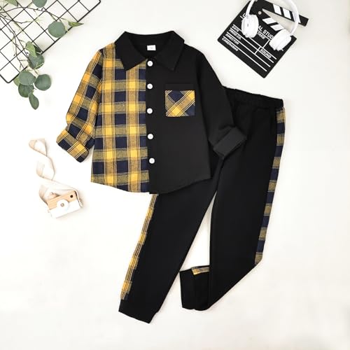 Image of Boy Clothes Fall Winter Outfits Long Sleeve Plaid Patchwork Button Down Shirt + Casual Pocket Sweatpants 5-14 Years