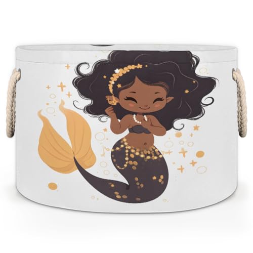 Black Mermaid Girl Round Baby Gift Baskets,Marine Round Decorative Storage Box Canvas Fabric Organizer with Handles,Baskets Bin for Home Shelves Closet Nursery Gifts