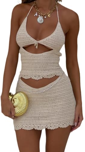 LILTWIST Crochet Halter Dresses for Women Sexy Hollow Cut Out Knit Backless Short Dress Y2k Beach Vacation Corset Mini Dress