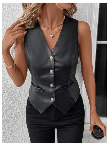 SweatyRocks Women's PU Leather Button Down V Neck Sleeveless Jacket Vest Waistcoat3