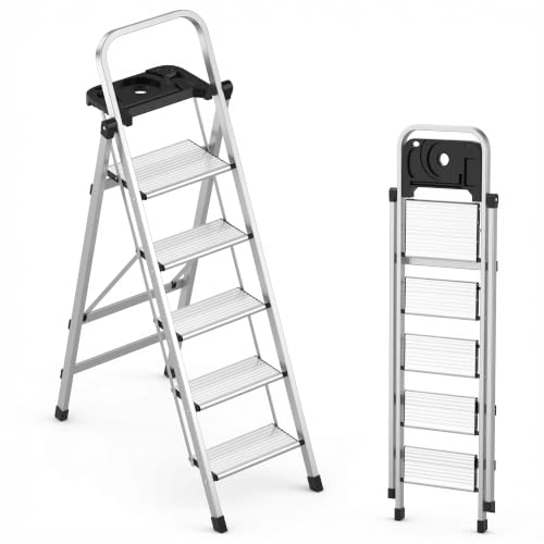 DIAMONDFORGE 5 Step Ladder, Aluminum Folding Step Stool with Tool Tray & Anti-Slip Wide Pedals, 600 lbs Heavy Duty Slim Fold Stepladder for Home Kitchen Garage Office