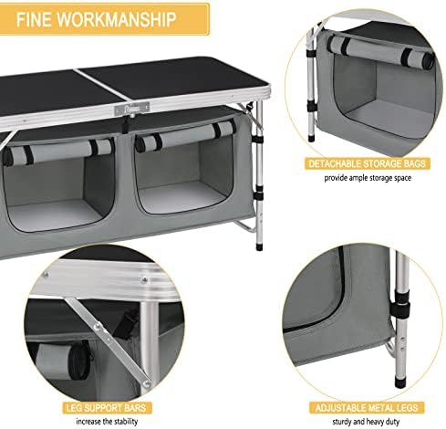WOLTU Folding Camping Cupboard Kitchen, Height Adjustable Aluminum Camping Table with Storage, Lightweight Picnic Table with Carry Bag for Outdoor Patio BBQ Party, Black + Grey, CPT8139szg