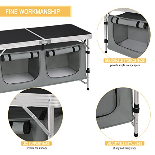 WOLTU Folding Camping Cupboard Kitchen, Height Adjustable Aluminum Camping Table with Storage, Lightweight Picnic Table with Carry Handle for Outdoor Patio BBQ Party, Black + Grey - Image 6