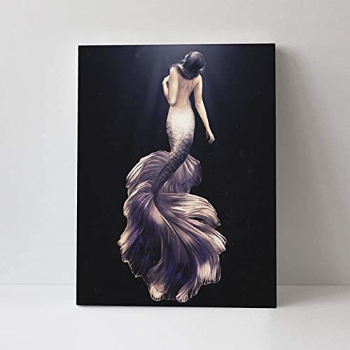 Mountflow Mermaid Bathroom Decor Wall Art Modern Fairy Artwork Fantasy Black And White Framed Decorations For Girl Room Purple Pictures Beautiful Poster Bedroom Living Room, 16 X 12 In #TOP4