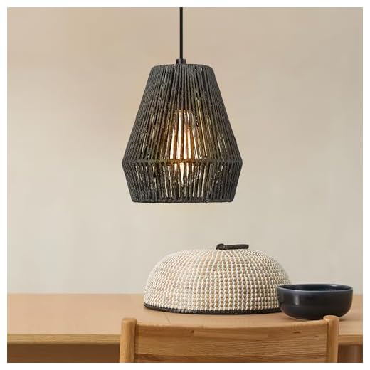 Woven Pendant Light Fixtures, ELYONA 7" Farmhouse Coastal Hanging Lamp with Matte Black Handwoven Rattan Basket Shade Modern Boho Pendant Light for Kitchen Island Dining Room Bar Bedroom Foyer Hallway