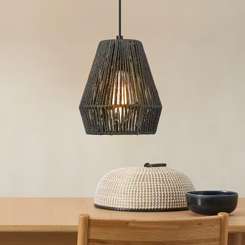 Woven Pendant Light Fixtures, ELYONA 7" Farmhouse Coastal Hanging Lamp with Matte Black Handwoven Rattan Basket Shade Modern Boho Pendant Light for Kitchen Island Dining Room Bar Bedroom Foyer Hallway by ELYONA - Used condition - US$22.30