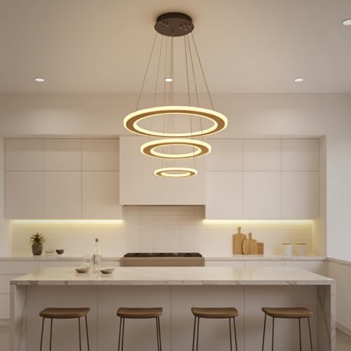 Image of 3 Ring Modern LED Chandelier Ceiling Lamp | Gold Finish Pendant Light with 3 Color | Decorative Chandelier for Living Room, Dining Room, Bedroom, Restaurants & Cafe Interior, Home & Office
