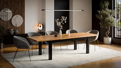VALLH Esstisch 100x200 ausziehbar bis 300 cm – Tisch mit Dekor in Eiche und Beinen aus Buche massiv – Ausziehtisch schwarz für Esszimmer Küche – Landhausstil Industrial Esszimmertische