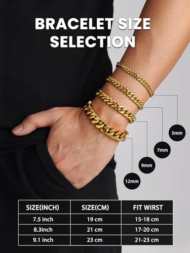 Bestyle Thick Mens Cuban Link Chain Bracelets, Durable Real 18K Gold/Black Metal Plated Solid Stainless Steel Hand Chain Cuban Bracelets for Men, Silver Black Gold Bracelets for Father Husband2