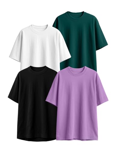 Image of Veirdo 100% Pure Cotton Oversized Loose Fit Half Sleeve Solid Core Round Neck Multicolor T-Shirt Combo for Men & Boys (Pack of 4)