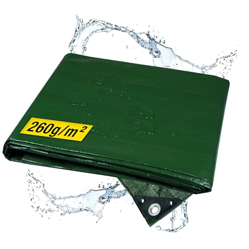 horizont Abdeckplane wasserdicht 260g/m² 8x10m mit reißfesten Ösen, Sandkasten und Pool Abdeckung, Gewebeplane für Auto, Motorrad, Fahrrad - Winddichte Abdeckfolie für den Außenbereich, grün