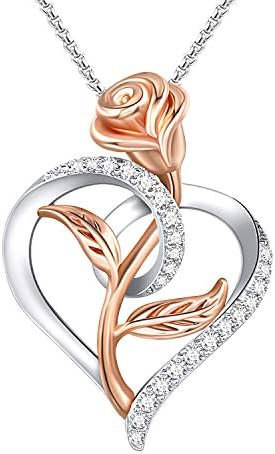 SNZM Silver Heart Necklace for Women-Rose Flower Pendant Adjuastable Necklace Birthday Mothers Day Wedding Jewelry Gifts for Women Mom Wife