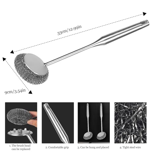 Generic Escova de lã de aço inoxidável de cabo longo, escova de grelha sem cerdas com cabeças de esc