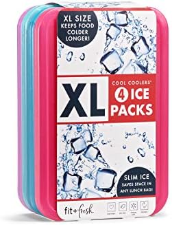 Fit + Fresh XL Cool Coolers Freezer Slim Ice Pack for Lunch Box, Coolers, Beach Bags and Picnic Baskets, Multi-Colored, 4 pack, Extra Large