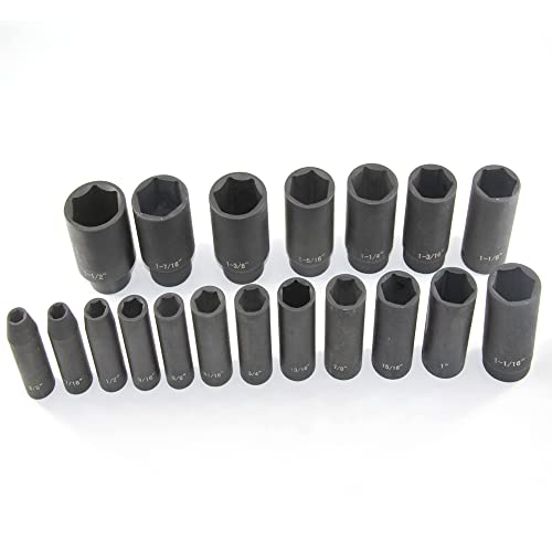 Macwork 19 Piece 1/2-Inch Drive Impact Socket Set, Deep, Sae, 3/8" To 1-1/2", Cr-V&Cr-Mo Alloy Steel, 6-Point Hex Radius Corner Design #TOP7