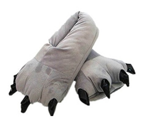 Image of Adult Cute Plush Animal Paw Slippers Fuzzy Warm House Shoes Grey L
