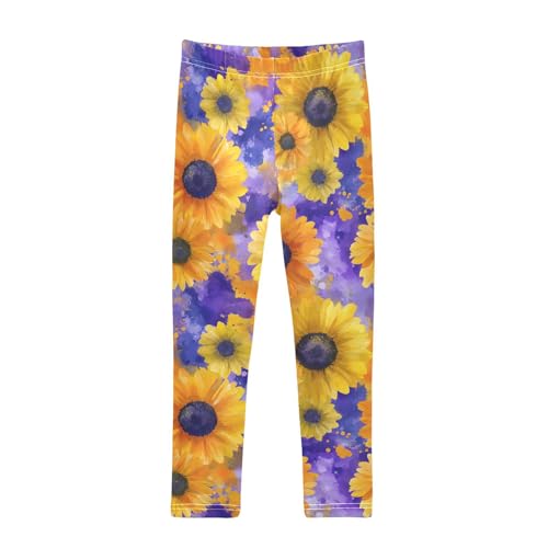 Blue Purple Sunflower Flower Girls Leggings Ultra Soft Compression Yoga Gym Pants for Kids 4-10T