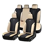 Coverado Seat Covers Full Set, Beige Car Seat Covers, PU Leather & Breathable Mesh Seat Protectors, 5-Piece Automotive Seat Covers, Universal Fit for SUVs, Trucks, Sedans