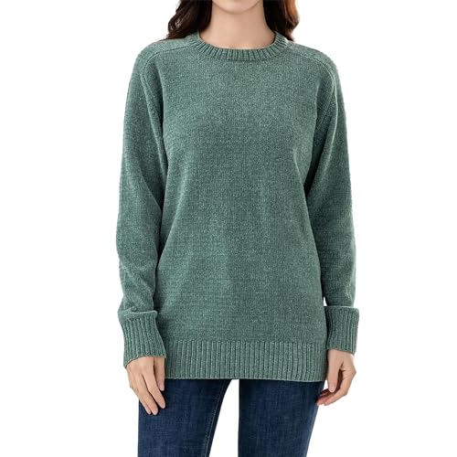 Image of Simple&Opulence Women's Chenille Sweater Crewneck Long Sleeve Pullover Ribbed Cuff Hem Round Neck Jumper Tops