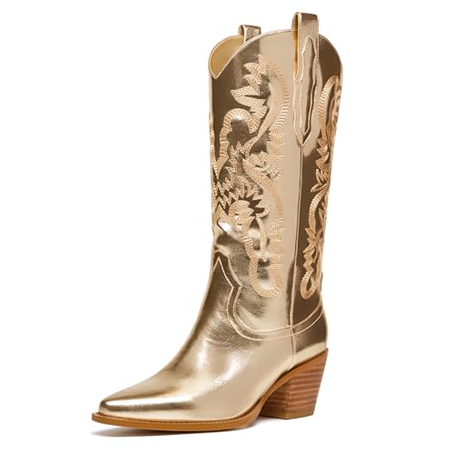 Glitter Wide Calf Metallic Embroidered Cowboy Boots For Women Sparkly Mid Calf Chunky Heel Pull on Pointy Toe Western Cowgirl Boots Fashion Vintage Short Booteis For Girl