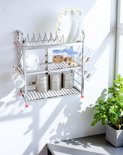 Image of AMOL Premium Stainless Steel Dish Rack /Utensils Stand /Wall Mount Rack /Kitchen Organizer Rack /Wall Hanging /Dish Drainer Rack