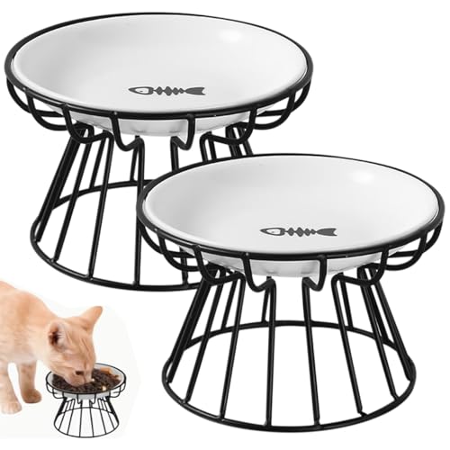 Image of 2PCS Ceramic Cat Bowls with Stand, Elevated Cat Food Bowl, Shallow Plate Whisker Fatigue Cats Dishes for Pets, Cats and Puppies Wet Dry Food and Water