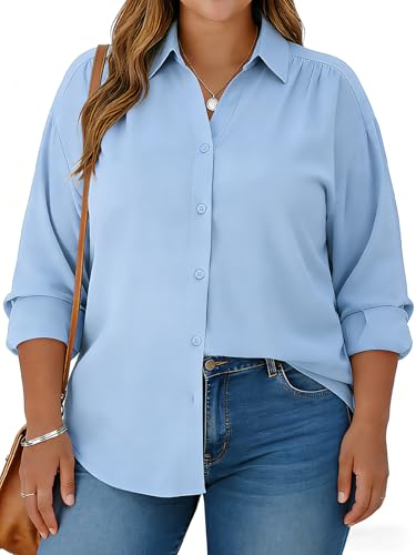 Charming Ashley Plus Size Womens Solid Color V Neck Button Down Blouse Long Sleeve Casual Business Dressy Blouses XL-5XL Light Blue