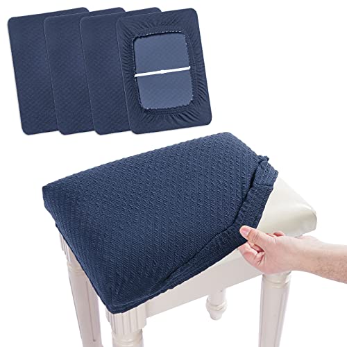 Image of 4 pcs Vanity Stool Bench Covers, Luxury Crease-Resistant Jacquard Fabric Saddle Bar Stool Slipcovers Stretch Washable, (Rectangle, 4 Counts, Navy Blue)