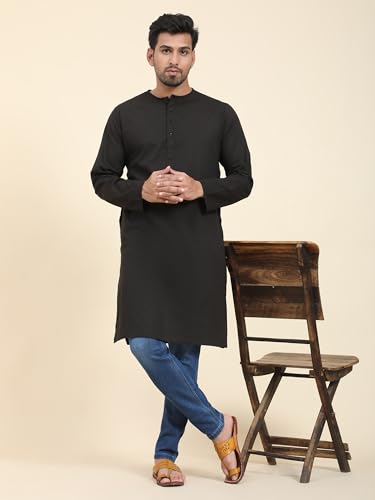Image of Amazon Brand - Anarva Men's Cotton Solid Round Neck Kurta Long Sleeves Straight Knee Length Casual Shirt