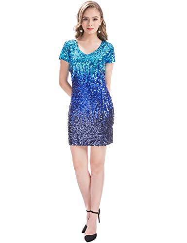 Image of MANER Women's Sequin Glitter Short Sleeve Dress Sexy V Neck Mini Party Club Bodycon Dresses