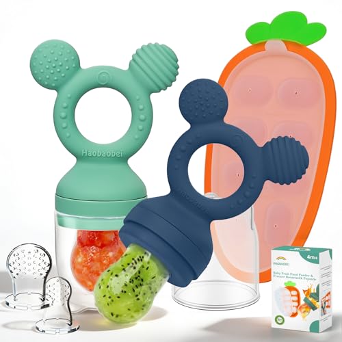 Image of Baby Fruit Feeder 2 Pack with Freezer Tray, 4 Silicone Pouches in 3 Sizes, Breastmilk Popsicle Mold, Food Feeder Pacifier and Silicone Teether for Teething Relief, 4+ Months