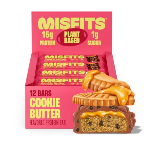 Misfits Vegan Protein Bars - Speculoos Cookie Butter | Nutrition Bars - 15g Protein, 1g Sugar, Plant-based, Low Carb, Non-GMO, Gluten Free Snacks | Pack of 12