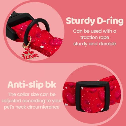Image of Valentine's Lovely Red Heart Print Dog Collar for Medium Dogs | Valentine Pet Outfit,Wedding,Anniversary,Daily Walks,Adjustable,Cotton Fabric,Quick Release Plastic Buckle,Pendant,Female Dog