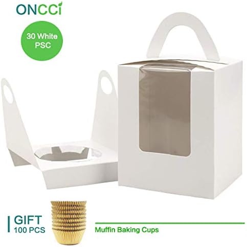 30PCS White Single Cupcake Boxes+ 100PCS Gold Foil Metallic Cupcake Case, Clear Window Inserts Handle Cupcake Muffins Cupcake Carriers Pastry Containers Bakery Wrapping Party Favor Packing for Weddin