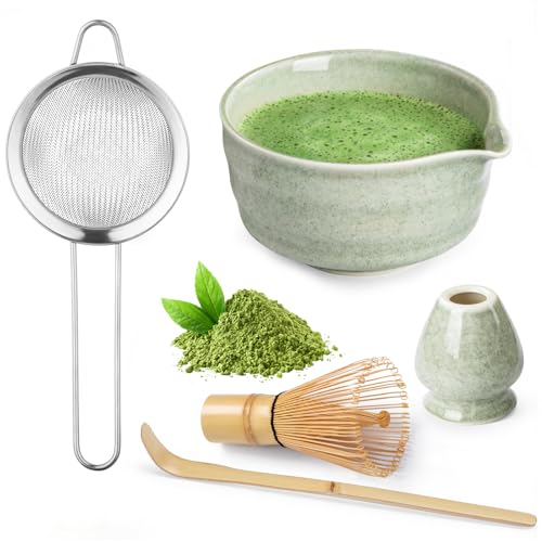 Té Matcha Kit de 5 Piezas, Thyme Space Matcha Set con Batidores de Matcha, Batidor de Bambú, Tamizador, Cuchara, Soporte de Cerámica para Persecución, kit Perfecto para los Amantes del Matcha
