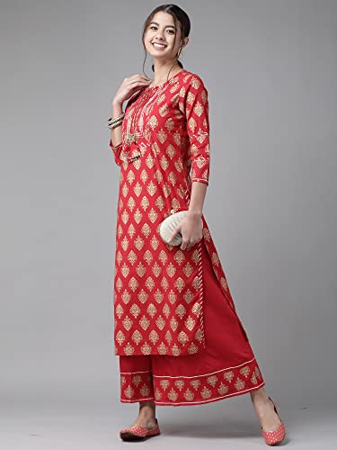 Image of INDO ERA Women's Pure Cotton Printed Straight Kurta with Sharara Set(KS0RD2400)
