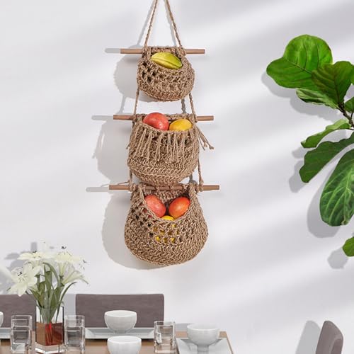 Cesta de almacenamiento para frutas de 3 niveles, organizador marrón para colgar 7