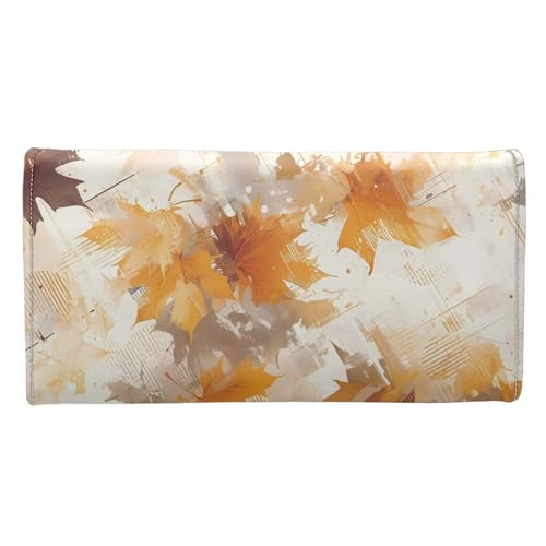Brown Maple Leaves Women Wallet Slim Long Trifold Clutch Wallets, Modern Art Painting Leaf PU Leathers Checkbook Purse, Beige Credit Card Holder with Zipper Pocket4