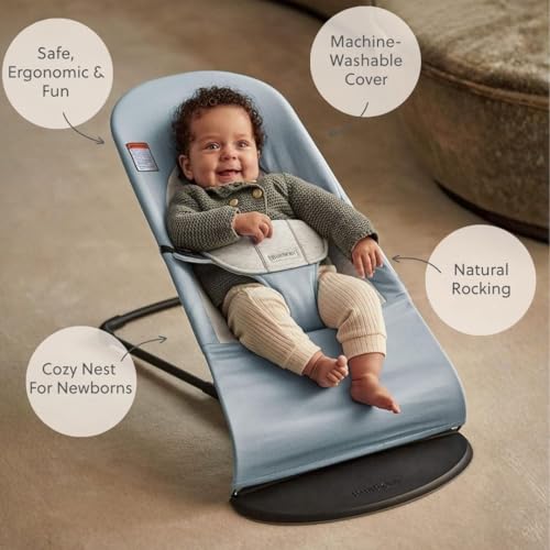 Image of BabyBjorn Bouncer Balance Soft, Blue /Gray, Woven /Jersey | 2-in-1 Adjustable Baby Bouncer Seat and Toddler Chair, Newborn to Toddler (8-29 lbs), 4 Positions, Lightweight & Portable