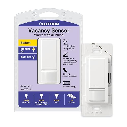 Lutron Maestro Vacancy Motion Sensor Light Switch for Bathroom, Garage, Laundry Room, and Closet, for Any Light Bulbs, Auto Off Only, Single-Pole Only, No Neutral Required, MS-VPS2-WH, White