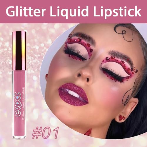 Image of evpct 1Pcs Mauve Matte to Glitter Liquid Lipstick Lip Set Kit, Long Lasting Matte Diamond Glitter Lip Gloss Waterproof, Colorful Sparkly Glossy Metallic Shimmer Sparkle Lipstick for Women 01#