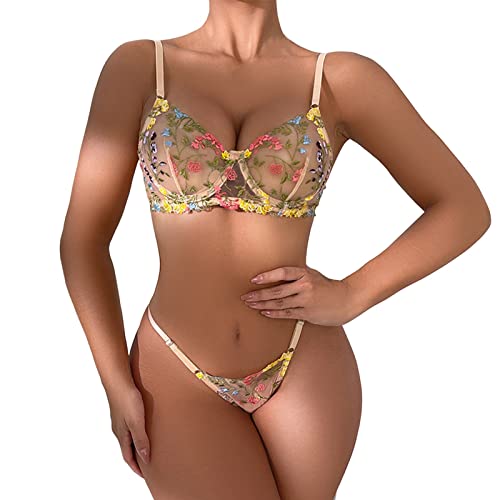 Sous-vêtements sexy en dentelle brodée violet S ensemble deux pièces transparent