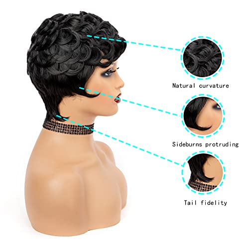 MUJGOO Natural Black Pixie Cut Wig for Black Women Synthetic Pixie Wigs Curly Short Wigs for Black Women Black Layered Wig with Bangs Wavy Short Curly Wig(Black)