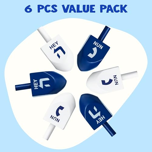 JOYIN 6 PCS Hanukkah Dreidels Set, Blue & White Wooden Dreidels with English Transliteration and Instruction Play Map, Hanukkah Card Game for Family Activities Party Games by JOYIN - Image 2