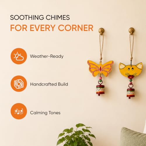 Image of Aakriti Art Creations Flutter & Whisker Wooden Hanging Bells Set | Handmade Modern Art Wooden & Metal Wind Chimes | Indoor & Outdoor Hanging Bells for Balcony, Garden, Living Room & Gifting