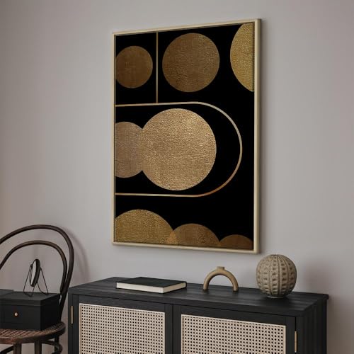 Tableau vertical abstrait haut de gamme cercles or et noir avec cadre unique - 3