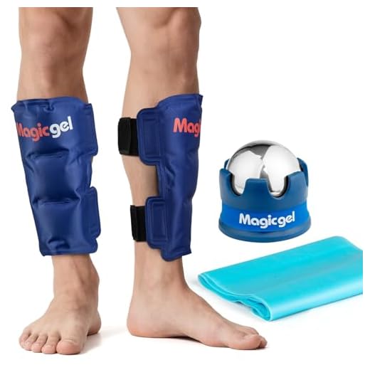 Bolsas de gel frío para espinillas reutilizable - Hielo gel para lesiones - Alivio instantáneo del dolor de piernas - Kit completo con banda de estiramiento y rodillo masajeador, de Magic Gel